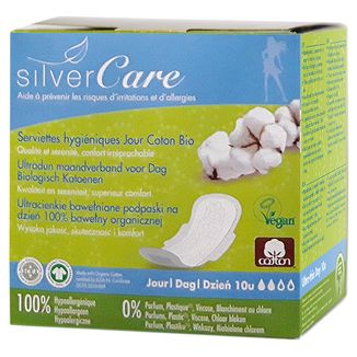 Podpaski Silver Care, ultracienkie z organicznej bawełny, ze skrzydełkami, na dzień, 10 sztuk - zdjęcie produktu