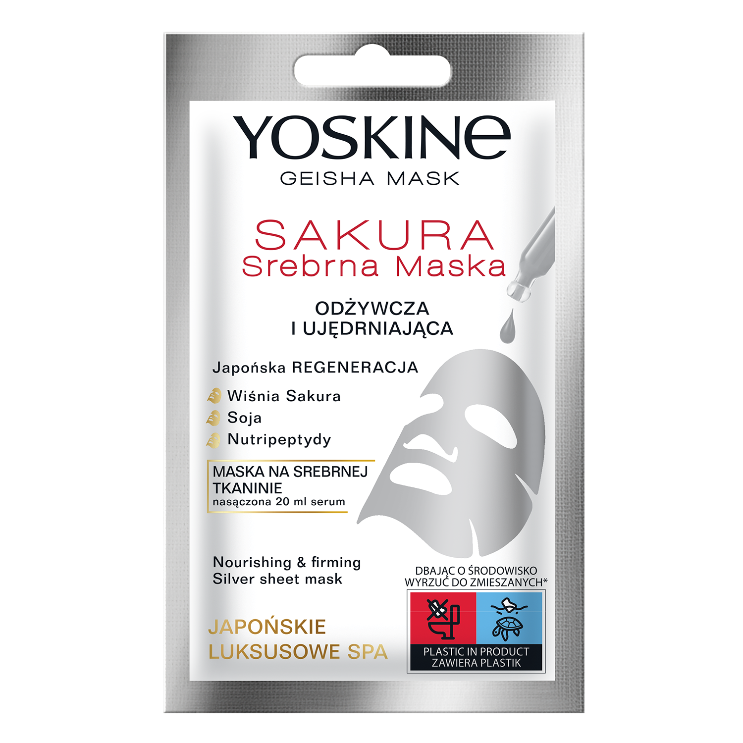 Yoskine Yoskine Geisha Mask Sakura, srebrna maska na tkaninie, odżywcza i ujędrniająca, 20 ml