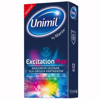 Unimil Excitation Max, prezerwatywy prążkowane z wypustkami i żelem rozgrzewającym, 12 sztuk - zdjęcie produktu