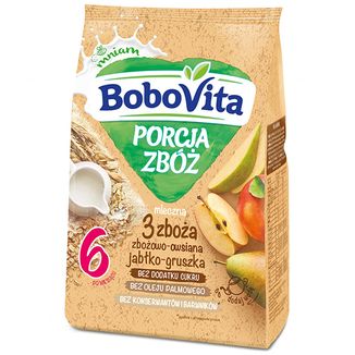 BoboVita Porcja Zbóż Kaszka zbożowo-owsiana 3 zboża, jabłko-gruszka, mleczna, bez dodatku cukru, po 6 miesiącu, 210 g - zdjęcie produktu