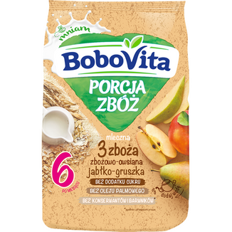 BoboVita Porcja Zbóż Kaszka zbożowo-owsiana 3 zboża, jabłko-gruszka, mleczna, bez dodatku cukru, po 6 miesiącu, 210 g - zdjęcie produktu