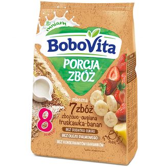 BoboVita Porcja Zbóż Kaszka zbożowo-owsiana 7 zbóż, truskawka-banan, mleczna, bez dodatku cukru, po 8 miesiącu, 210 g - zdjęcie produktu