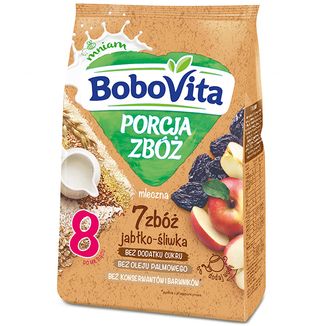 BoboVita Porcja Zbóż Kaszka 7 zbóż, jabłko-śliwka, mleczna, bez dodatku cukru, po 8 miesiącu, 210 g - zdjęcie produktu