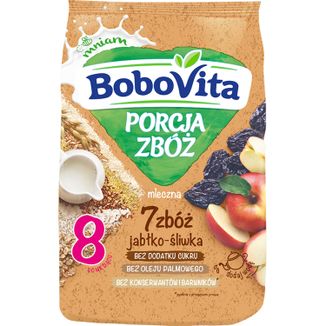 BoboVita Porcja Zbóż Kaszka 7 zbóż, jabłko-śliwka, mleczna, bez dodatku cukru, po 8 miesiącu, 210 g - zdjęcie produktu