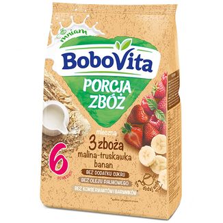 BoboVita Porcja Zbóż Kaszka 3 zboża, malina, truskawka, banan, mleczna, bez dodatku cukru, po 6 miesiącu, 210 g - zdjęcie produktu