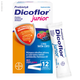 Dicoflor Junior, dla dzieci od 3 roku i dorosłych, smak owoców leśnych, 12 saszetek - zdjęcie produktu