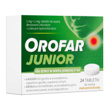 Orofar Junior 1 mg + 1 mg, dla dzieci powyżej 6 lat, smak pomarańczowy, 24 tabletki do ssania - miniaturka zdjęcia produktu