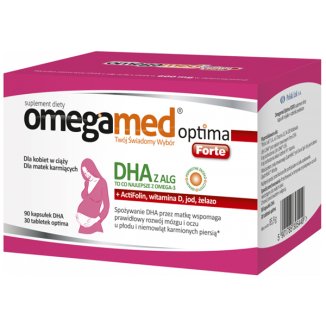 Omegamed Optima Forte DHA z alg dla kobiet w ciąży i matek karmiących, 90 kapsułek DHA + 30 tabletek Optima - zdjęcie produktu