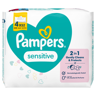 Pampers Sensitive, chusteczki nawilżane, 4 x 52 sztuki USZKODZONE OPAKOWANIE - zdjęcie produktu