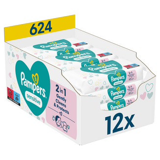 Pampers Sensitive, chusteczki nawilżane, delikatna skóra dzieci i niemowląt, 12 x 52 sztuki - zdjęcie produktu