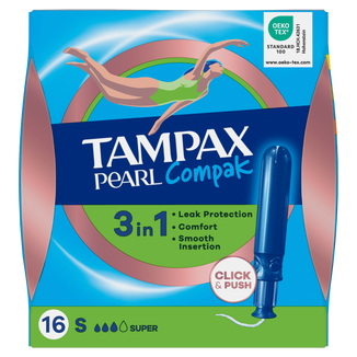 Tampax Compak Pearl, tampony higieniczne z aplikatorem, Super, 16 sztuk Tampax Compak Pearl, tampony higieniczne z aplikatorem, Super, 16 sztuk - zdjęcie produktu