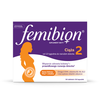 Femibion 2 Ciąża od 13 do 40 tygodnia, Kwas Foliowy Plus, 56 tabletek + 56 kapsułek Femibion 2 Ciąża od 13 do 40 tygodnia, Kwas Foliowy Plus, 56 tabletek + 56 kapsułek - zdjęcie produktu