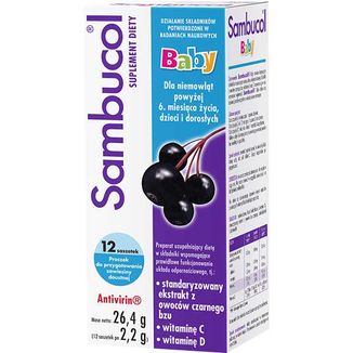 Sambucol Baby, dla niemowląt po 6 miesiącu życia, dzieci i dorosłych, 12 saszetek KRÓTKA DATA - zdjęcie produktu