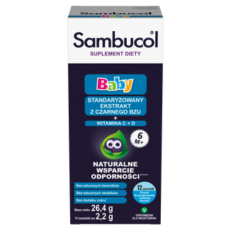 Sambucol Baby, dla niemowląt po 6 miesiącu życia, dzieci i dorosłych, 12 saszetek KRÓTKA DATA - zdjęcie produktu