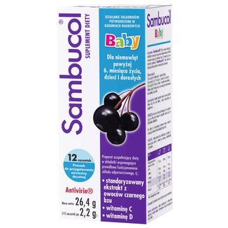 Sambucol Baby, dla niemowląt po 6 miesiącu życia, dzieci i dorosłych, 12 saszetek USZKODZONE OPAKOWANIE - zdjęcie produktu