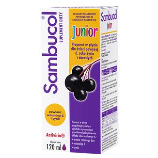 Sambucol Junior, płyn dla dzieci po 6 roku życia i dorosłych, 120 ml USZKODZONE OPAKOWANIE - zdjęcie produktu