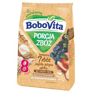 BoboVita Porcja Zbóż Kaszka 7 zbóż, jagoda, jeżyna, jabłko, bezmleczna, bez dodatku cukru, po 8 miesiącu, 170 g USZKODZONE OPAKOWANIE - zdjęcie produktu