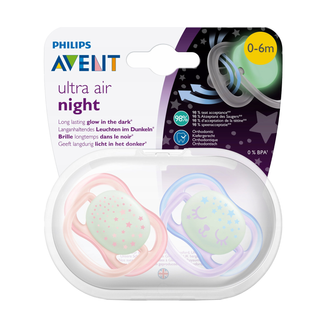 Avent Ultra Air Night, smoczek uspokajający, silikonowy, ortodontyczny, świecący w ciemności, girl, SCF376/12, 0-6 miesięcy, 2 sztuki - zdjęcie produktu