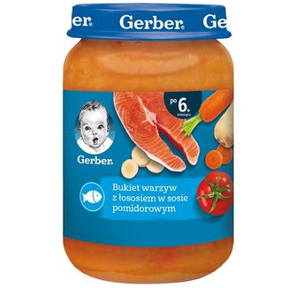 Gerber Obiadek, bukiet warzyw z łososiem w sosie pomidorowym, po 6 miesiącu, 190 g - zdjęcie produktu