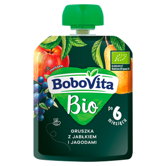 BoboVita Bio Mus w tubce, gruszka z jabłkiem i jagodami, po 6 miesiącu, 80 g - zdjęcie produktu