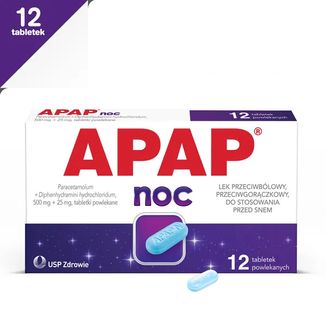 Apap Noc 500 mg + 25 mg, 12 tabletek powlekanych - 2 Apap Noc 500 mg + 25 mg, 12 tabletek powlekanych - 2 - zdjęcie produktu