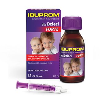Ibuprom dla Dzieci Forte 200 mg/ 5 ml, zawiesina doustna, od 3 miesiąca życia, smak truskawkowy, 150 ml - zdjęcie produktu