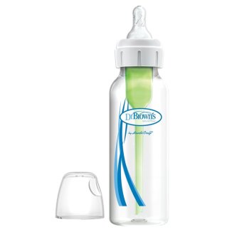 Dr Brown's Options+, butelka antykolkowa, szklana, standard, wąska szyjka, ze smoczkiem, poziom 1, 0-3 miesiąca, 250 ml - zdjęcie produktu