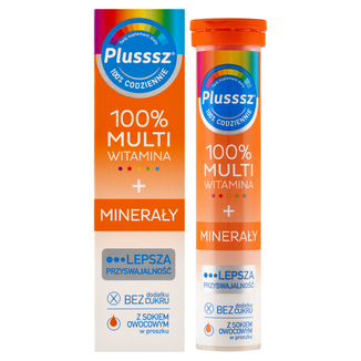 Plusssz 100% Multiwitamina + Minerały, smak mango-pomarańcza, 20 tabletek musujących - zdjęcie produktu