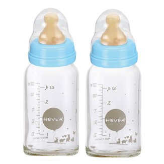 Hevea, butelka szklana ze smoczkiem kauczukowym, średni przepływ, niebieska, 3-24 miesięcy, 2 x 120 ml - zdjęcie produktu