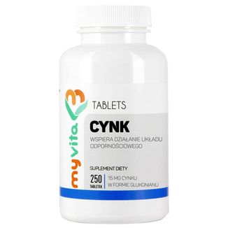 MyVita, Cynk, 15 mg, glukonian cynku, 250 tabletek KRÓTKA DATA MyVita, Cynk, 15 mg, glukonian cynku, 250 tabletek KRÓTKA DATA - zdjęcie produktu