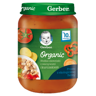 Gerber Organic Obiadek, słodkie ziemniaki z warzywami i kurczakiem, po 10 miesiącu, 190 g - zdjęcie produktu