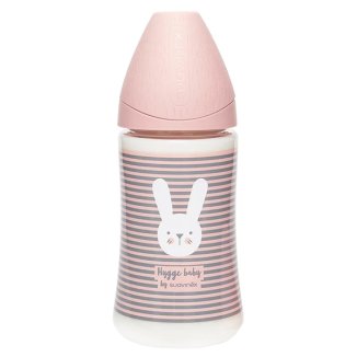 Suavinex Hygge Baby, butelka ze smoczkiem silikonowym, okrągłym, trójprzepływowym, Królik linie różowe, od urodzenia, 270 ml - zdjęcie produktu