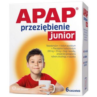 Apap Przeziębienie Junior 300 mg + 20 mg + 5 mg,  proszek do sporządzania roztworu doustnego, 6 saszetek KRÓTKA DATA - zdjęcie produktu