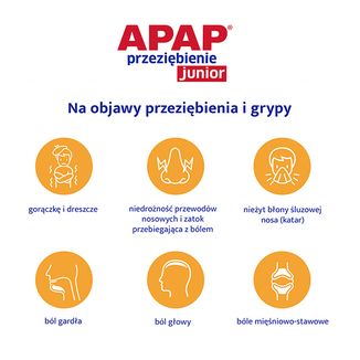 Apap Przeziębienie Junior 300 mg + 20 mg + 5 mg, proszek do sporządzania roztworu doustnego, 6 saszetek - 3 Apap Przeziębienie Junior 300 mg + 20 mg + 5 mg, proszek do sporządzania roztworu doustnego, 6 saszetek - 3 - zdjęcie produktu
