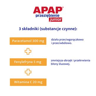 Apap Przeziębienie Junior 300 mg + 20 mg + 5 mg, proszek do sporządzania roztworu doustnego, 6 saszetek - 4 Apap Przeziębienie Junior 300 mg + 20 mg + 5 mg, proszek do sporządzania roztworu doustnego, 6 saszetek - 4 - zdjęcie produktu