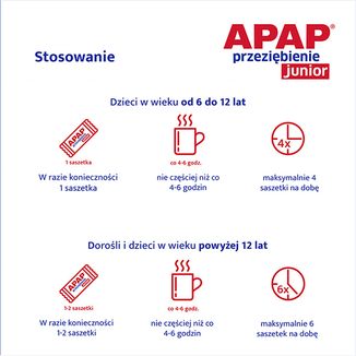 Apap Przeziębienie Junior 300 mg + 20 mg + 5 mg, proszek do sporządzania roztworu doustnego, 6 saszetek - 6 Apap Przeziębienie Junior 300 mg + 20 mg + 5 mg, proszek do sporządzania roztworu doustnego, 6 saszetek - 6 - zdjęcie produktu