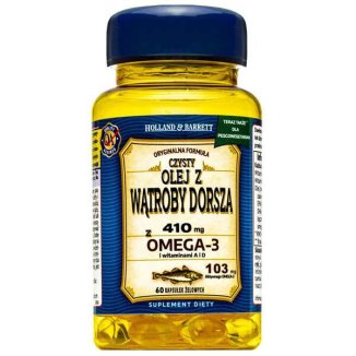 Holland & Barrett Cod Liver Oil, czysty olej z wątroby dorsza 410 mg, 60 kapsułek - zdjęcie produktu