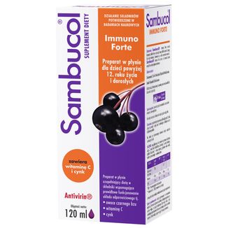 Sambucol Immuno Forte, płyn dla dzieci po 12 roku życia i dorosłych, 120 ml USZKODZONE OPAKOWANIE - zdjęcie produktu