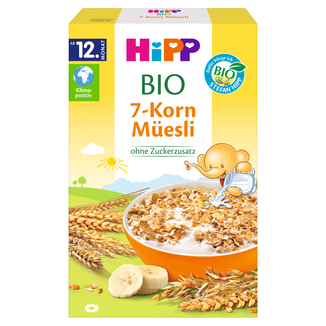 HiPP Musli 7 zbóż Bio, banany, bez dodatku cukru, od 12 miesiąca, 200 g - zdjęcie produktu
