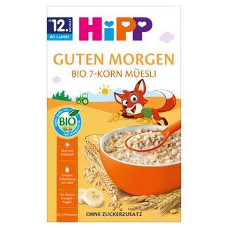 HiPP Musli, 7 zbóż z bananami, BIO, bez dodatku cukru, od 12 miesiąca, 200 g HiPP Musli, 7 zbóż z bananami, BIO, bez dodatku cukru, od 12 miesiąca, 200 g - zdjęcie produktu