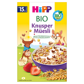 HiPP Musli, chrupiące musli z bananami i truskawkami, BIO, bez dodatku cukru, od 15 miesiąca, 200 g - zdjęcie produktu