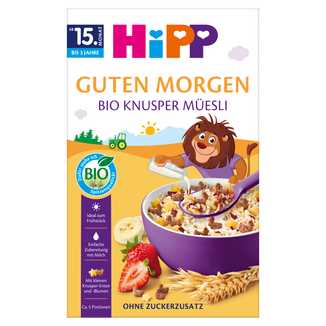 HiPP Musli, chrupiące musli z bananami i truskawkami, BIO, bez dodatku cukru, od 15 miesiąca, 200 g - zdjęcie produktu