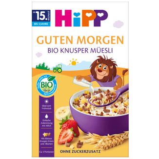 HiPP Musli, chrupiące musli z bananami i truskawkami, BIO, bez dodatku cukru, od 15 miesiąca, 200 g - zdjęcie produktu
