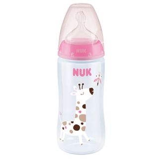 Nuk First Choice+, butelka antykolkowa z szeroką szyjką i wskaźnikiem temperatury, ze smoczkiem silikonowym, rozmiar M, różowa, 741926B, 0-6 miesięcy, 300 ml - zdjęcie produktu