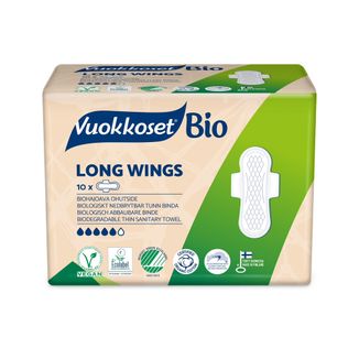 Vuokkoset, podpaski z bawełny ekologicznej na noc, 100% Bio, Long Wings, 10 sztuk - zdjęcie produktu