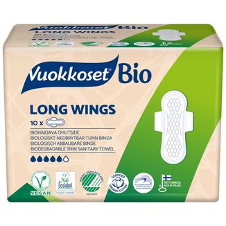 Vuokkoset, podpaski z bawełny ekologicznej na noc, 100% Bio, Long Wings, 10 sztuk - zdjęcie produktu