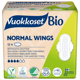 Vuokkoset, podpaski z bawełny ekologicznej, 100% Bio, Normal Wings, 12 sztuk - zdjęcie produktu