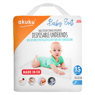Akuku Baby Soft, podkłady higieniczne jednorazowe, 40 x 60 cm, A0500, 15 sztuk - zdjęcie produktu