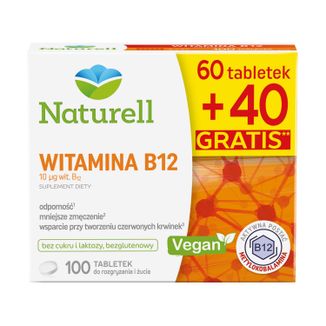 Naturell Witamina B12 10 µg, 60 tabletek do rozgryzania i żucia + 40 tabletek gratis USZKODZONE OPAKOWANIE - zdjęcie produktu