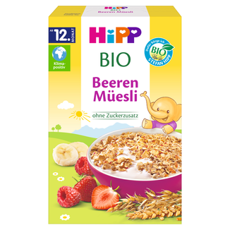 HIPP Musli wielozbożowe Bio, truskawki i maliny, bez dodatku cukru, od 12 miesiąca, 200 g - zdjęcie produktu